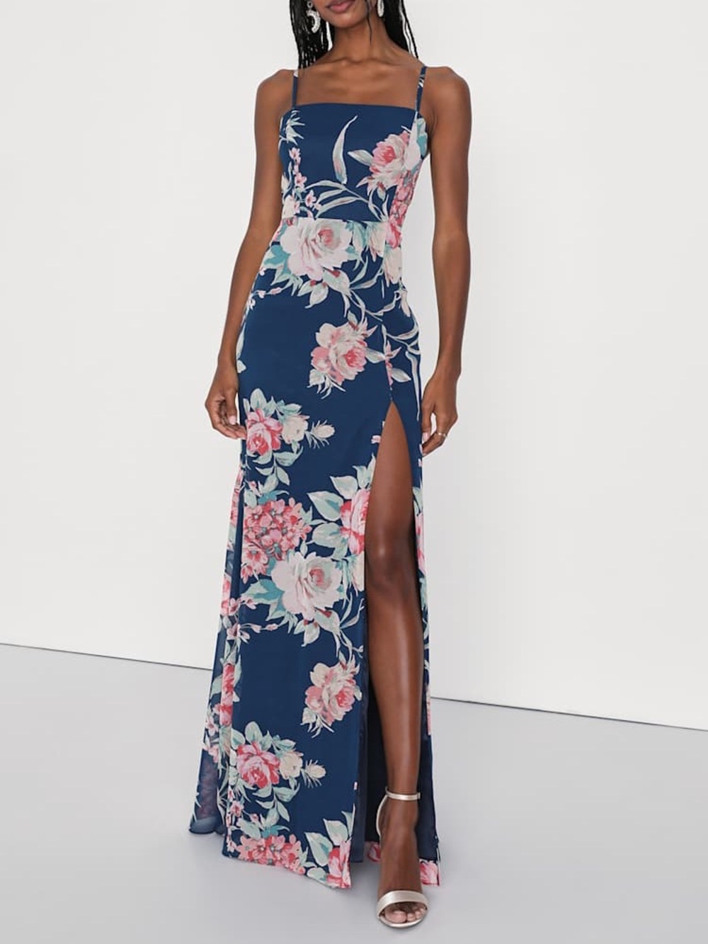Lulu's Navy Floral Spaghetti-Strap Maxi Dress - Picture 1 of 6
